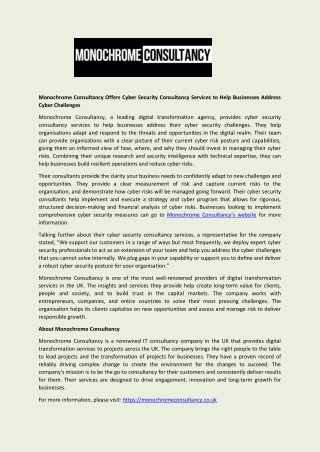 Monochrome Consultancy Offers Cyber Security Consultancy Services to Help Businesses Address Cyber Challenges