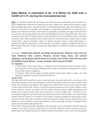 Sake Market is estimated to be 17.0 Billion by 2029 with a CAGR of 4.3%