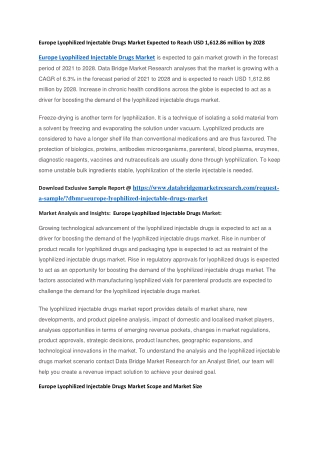 Europe Lyophilized Injectable Drugs Market Expected to Reach USD 1,612.86 million by 2028