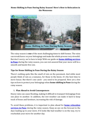 Home Shifting in Pune During Rainy Season - Here iss How to Relocation in the Monsoons