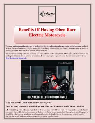 Benefits Of Having Oben Rorr Electric Motorcycle
