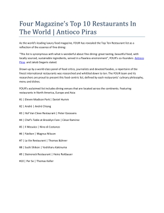 Four Magazine’s Top 10 Restaurants In The World | Antioco Piras