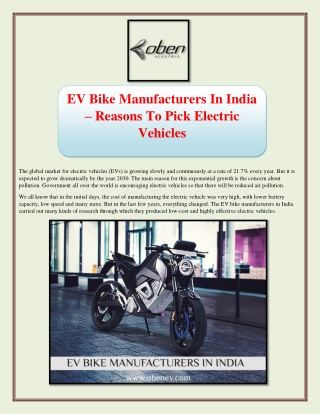 EV Bike Manufacturers In India – Reasons To Pick Electric Vehicles