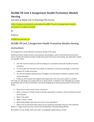NU580-7B Unit 2 Assignment Health Promotion Models Herzing