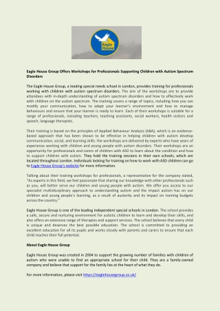 Eagle House Group Offers Workshops for Professionals Supporting Children with Autism Spectrum Disorders