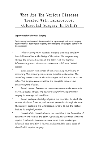 What Are The Various Diseases Treated With Laparoscopic Colorectal Surgery In Delhi