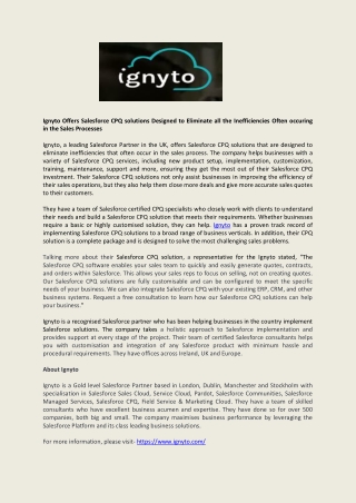 Ignyto Offers Salesforce CPQ solutions Designed to Eliminate all the Inefficiencies Often occuring in the Sales Processe