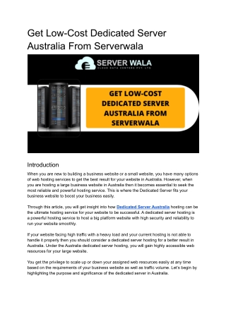 Get Low-Cost Dedicated Server Australia From Serverwala