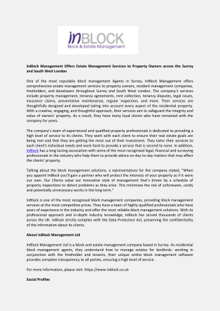 InBlock Management Offers Estate Management Services to Property Owners across the Surrey and South West London