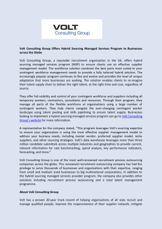 Volt Consulting Group Offers Hybrid Sourcing Managed Services Program to Businesses across the Globe