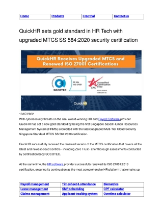 QuickHR sets gold standard in HR Tech with upgraded MTCS SS 584_2020 security certification