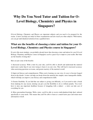 Why Do You Need Tutor and Tuition for O-Level Biology, Chemistry and Physics in Singapore