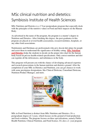 MSc clinical nutrition and dietetics: Symbiosis Institute of Health Sciences