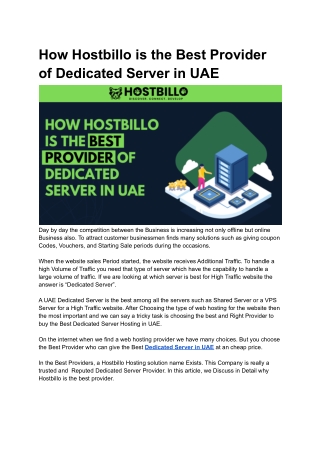 How Hostbillo is the Best Provider of Dedicated Server in UAE