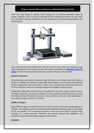 Things to Consider When Looking for an Affordable Metal 3D Printer