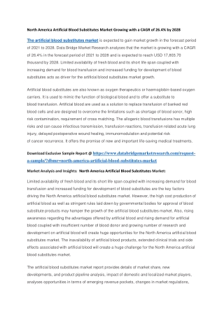 North America Artificial Blood Substitutes Market Growing with a CAGR of 26.4 by 2028