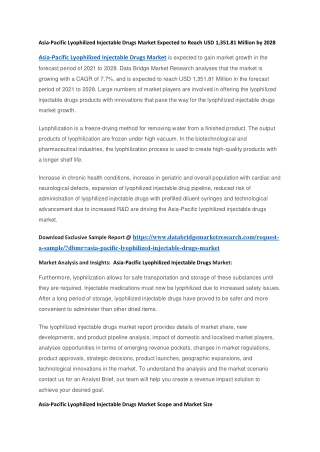 Asia-Pacific Lyophilized Injectable Drugs Market Expected to Reach USD 1,351.81 Million by 2028