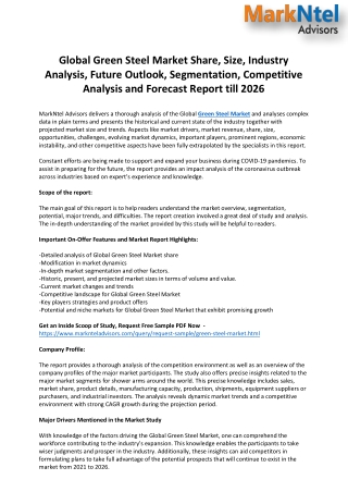 Green Steel Market Future Outlook, Segmentation, Competitive Analysis and Forecast Report till 2026