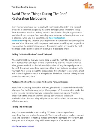 Avoid These Things During The Roof Restoration Melbourne
