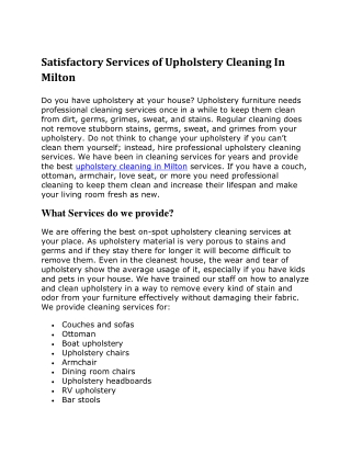 Satisfactory Services of Upholstery Cleaning In Milton