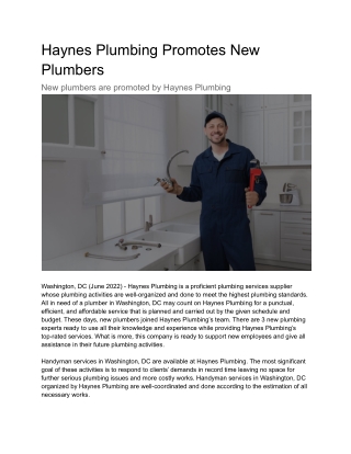 Haynes Plumbing Promotes New Plumbers