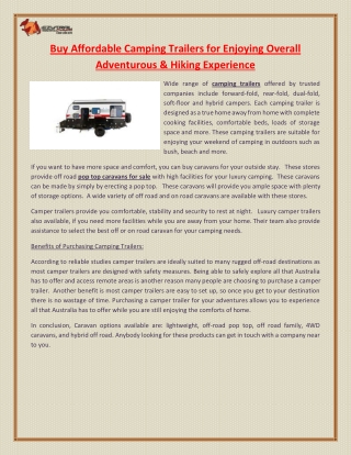 Buy Affordable Camping Trailers for Enjoying Overall Adventurous & Hiking Experience