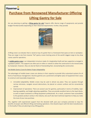 Purchase from Renowned Manufacturer Offering Lifting Gantry for Sale