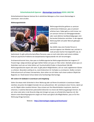 Sicherheitstechnik Spenner - Alarmanlage Leverkusen 02241-1461748