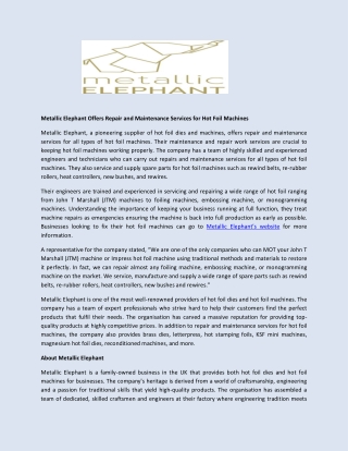 Metallic Elephant Offers Repair and Maintenance Services for Hot Foil Machines