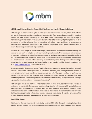 MBM Omega Offers an Extensive Range of Staff Uniforms and Branded Corporate Clothing