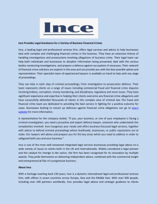 Ince Provides Legal Assistance for a Variety of Business Financial Crimes