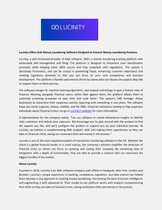 Lucinity Offers Anti Money Laundering Software Designed to Prevent Money Laundering Practices