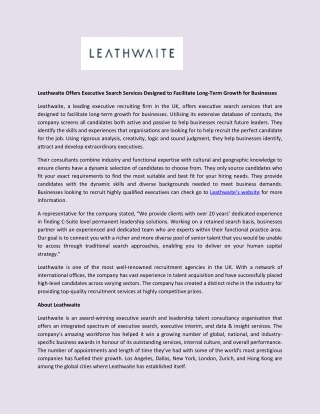 Leathwaite Offers Executive Search Services Designed to Facilitate Long-Term Growth for Businesses