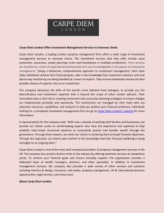 Carpe Diem London Offers Investment Management Services to Overseas clients