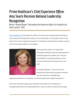 Prime Healthcare's Chief Experience Officer Amy Searls Receives National Leadership Recognition