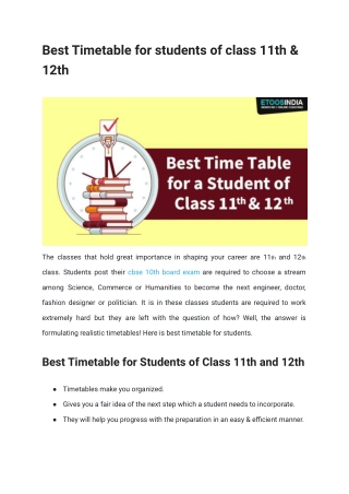 Best Timetable for students of class 11th & 12th