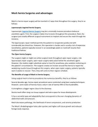 Mesh hernia Surgeries and advantages