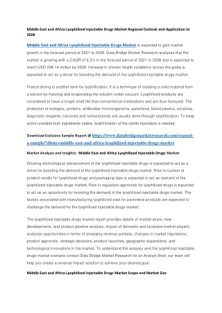 Middle East and Africa Lyophilized Injectable Drugs Market Regional Outlook and Application to 2028