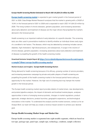 Europe Health Screening Market Estimated to Reach USD 141,824.23 million by 2028