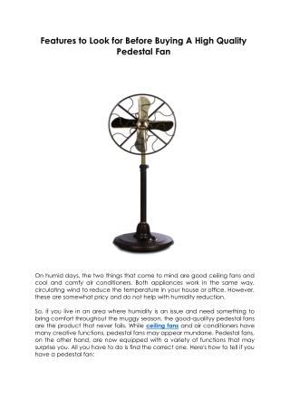 Features to Look for Before Buying A High Quality Pedestal Fan