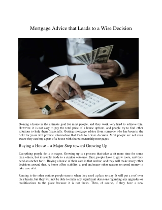 Mortgage Advice that Leads to a Wise Decision