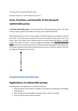 Facts, functions, and benefits of the borewell submersible pump