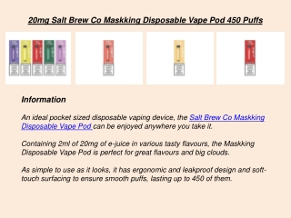 Best 20mg Salt Brew Co Maskking Disposable Vape Pod 450 Puffs