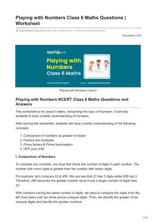 Playing with Numbers Class 6 Maths Questions  Worksheet