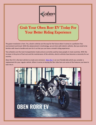 Grab Your Oben Rorr EV Today For Your Better Riding Experience