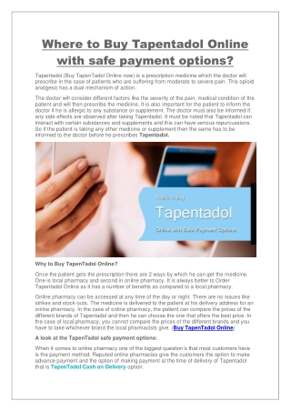 Where to Buy Tapentadol Online with safe payment options?