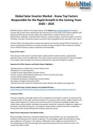 Global Solar Inverter Market - Know Top Factors Responsible for the Rapid Growth in the Coming Years 2020 – 2025