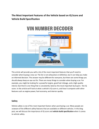 The Most Important Features of the Vehicle based on IQ Score and Vehicle Build Specification