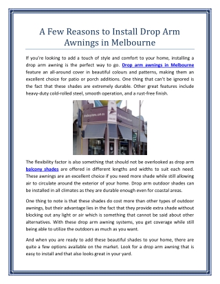 A Few Reasons to Install Drop Arm Awnings in Melbourne