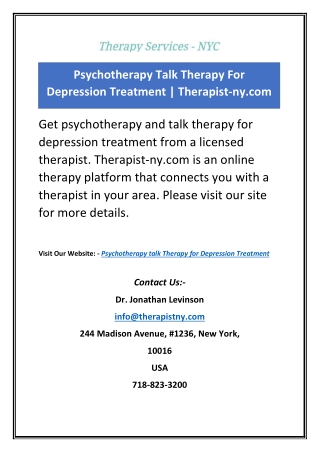 Psychotherapy Talk Therapy For Depression Treatment | Therapist-ny.com